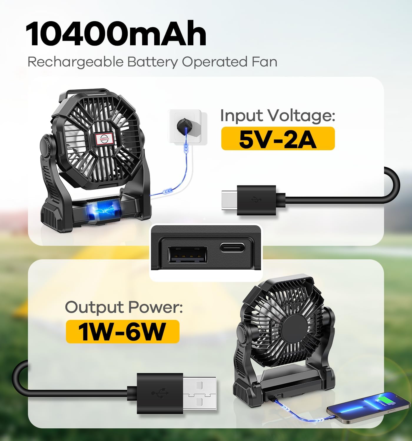 10000mAh Battery Operated Portable Camping Fan