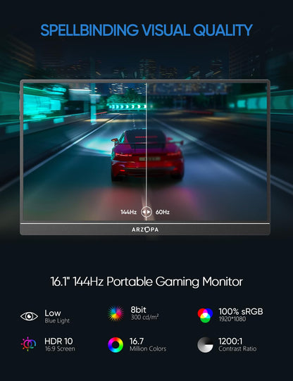 16.1'' Portable Gaming Monitor 100% sRGB 1080P FHD Kickstand Portable Monitor with HDR