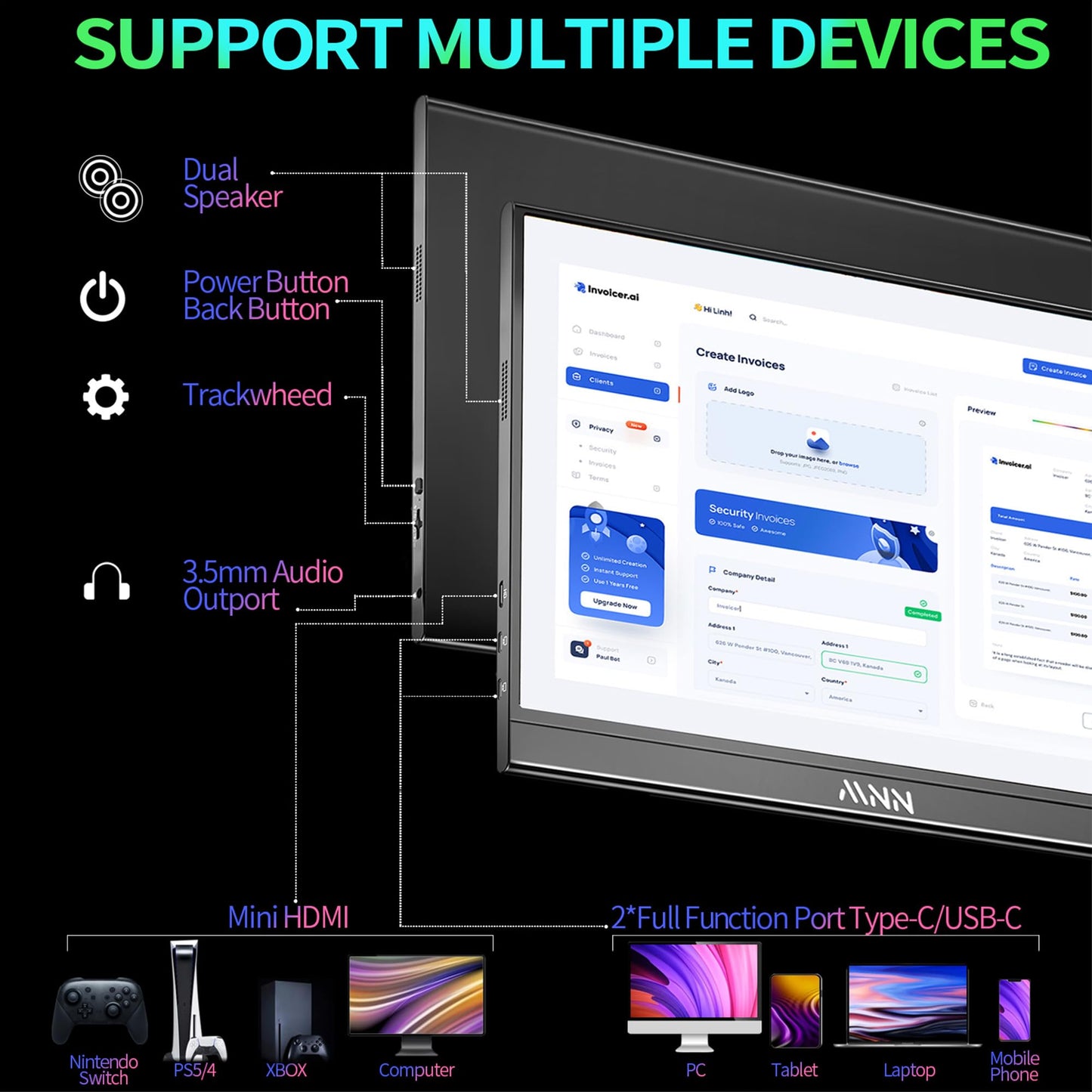 1080P Portable Monitor 15.6inch FHD USB C HDMI Gaming Ultra-Slim IPS Display