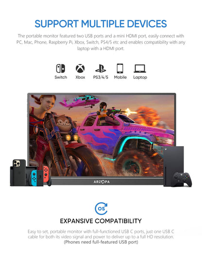 16.1'' Portable Gaming Monitor 100% sRGB 1080P FHD Kickstand Portable Monitor with HDR