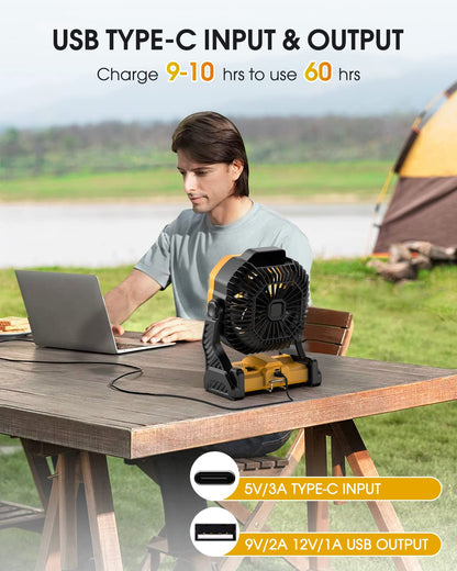 Portable Camping Fan for Tents - 20000mah Rechargeable Battery Operated Fan With LED Light